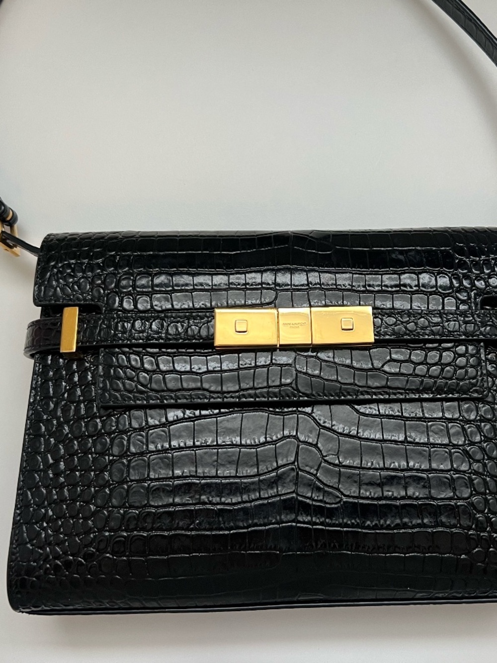 YSL Small Manhattan in Black Croc-Embossed Leather - Picture 1 of 16